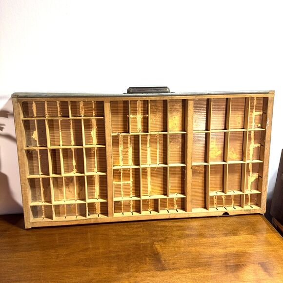 Antique Printers Tray Type Case Old Wooden Drawer Vintage Miniatures Shelf 16x32 - Picture 2 of 6